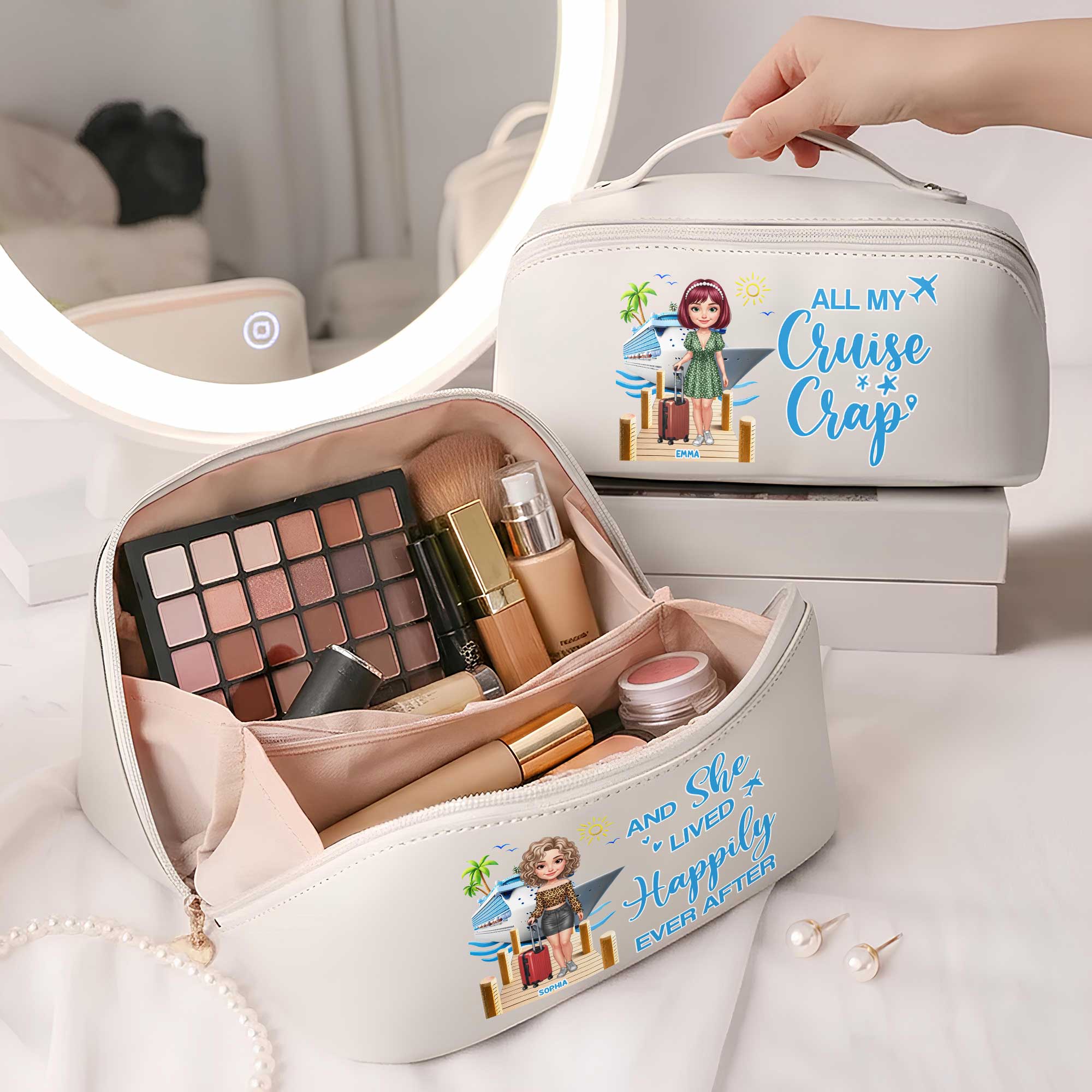 Personalized Faux Leather Makeup Bag Custom Name Travel Gift for Women