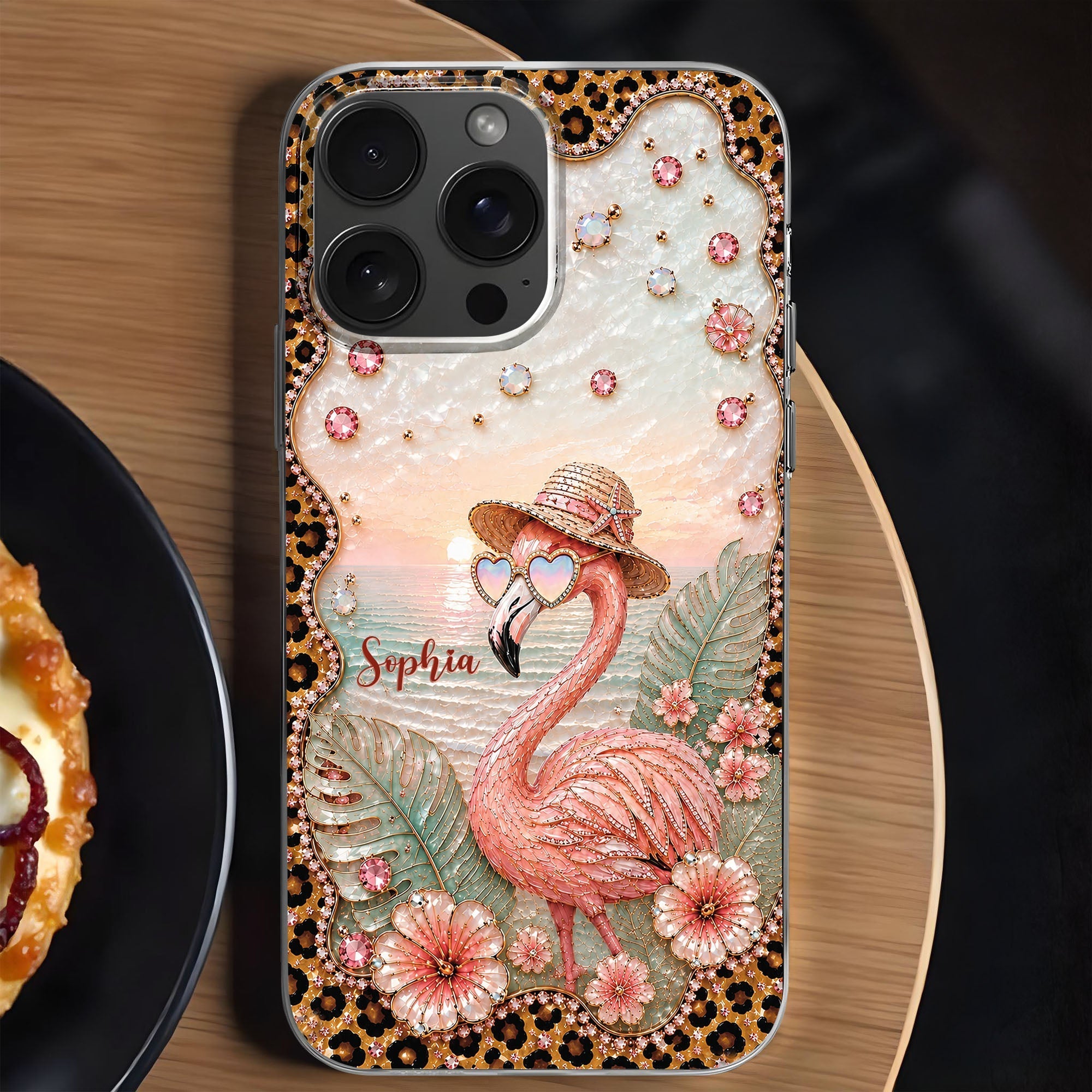 Personalized Clear Phone Case with Flamingo & Leopard Print for Her