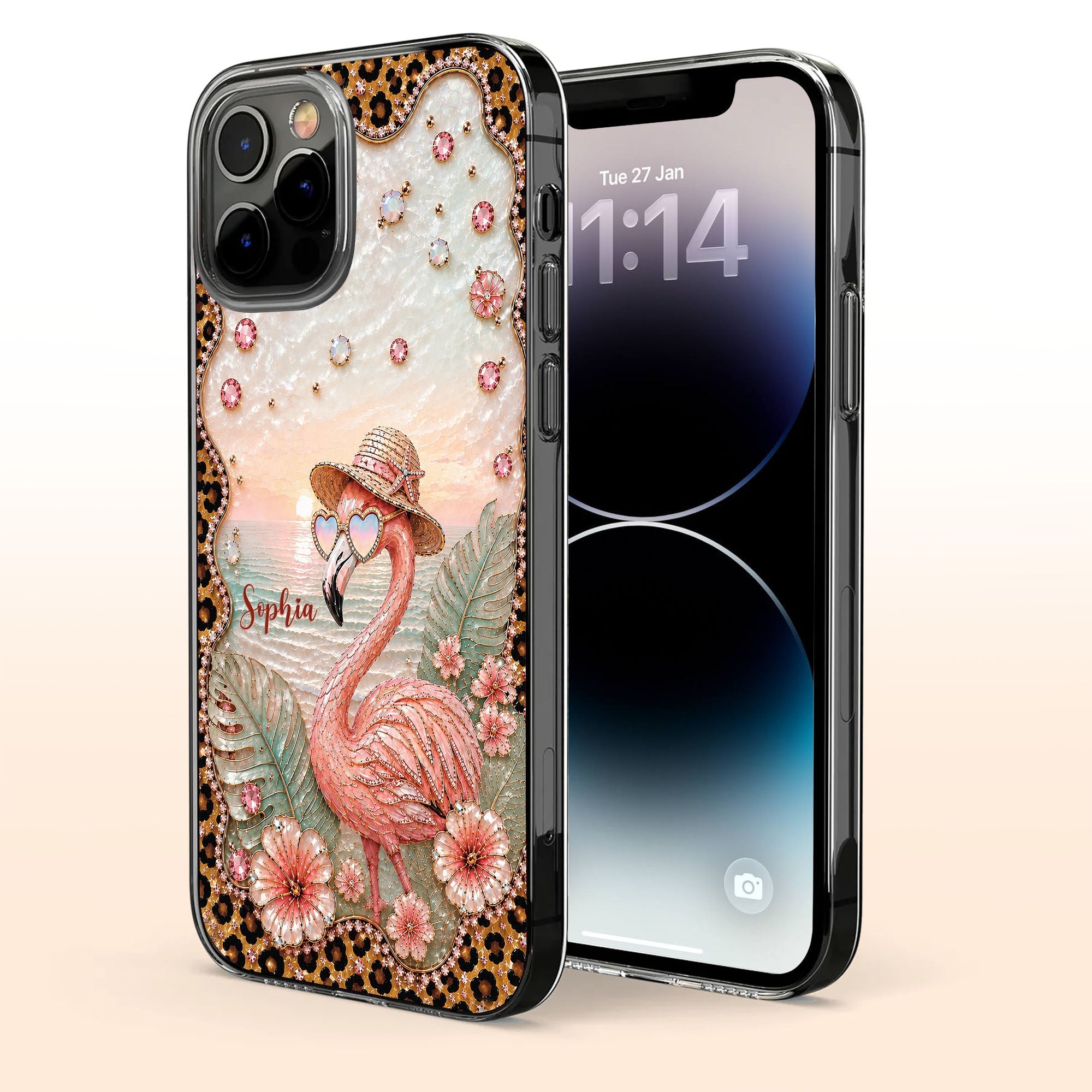 Personalized Clear Phone Case with Flamingo & Leopard Print for Her