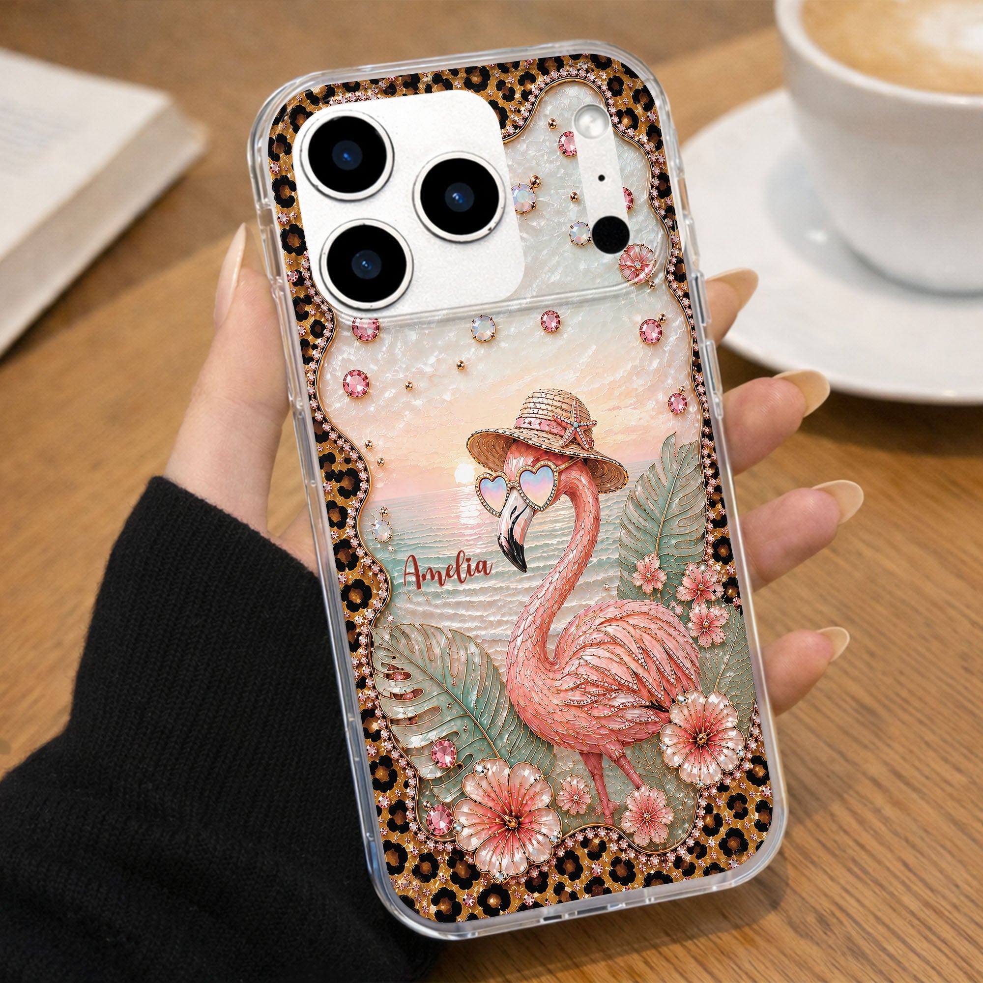 Personalized Clear Phone Case with Flamingo & Leopard Print for Her
