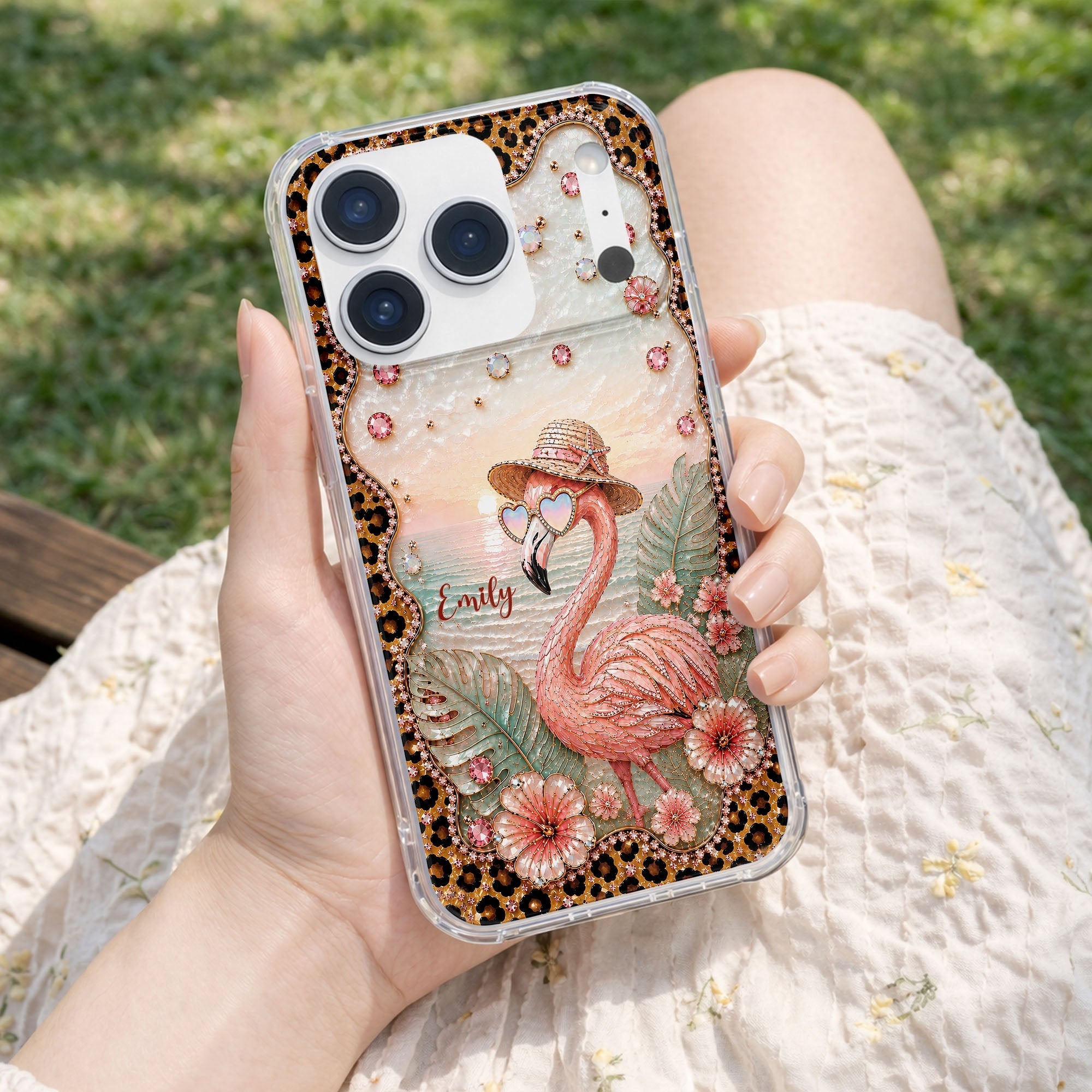 Personalized Clear Phone Case with Flamingo & Leopard Print for Her