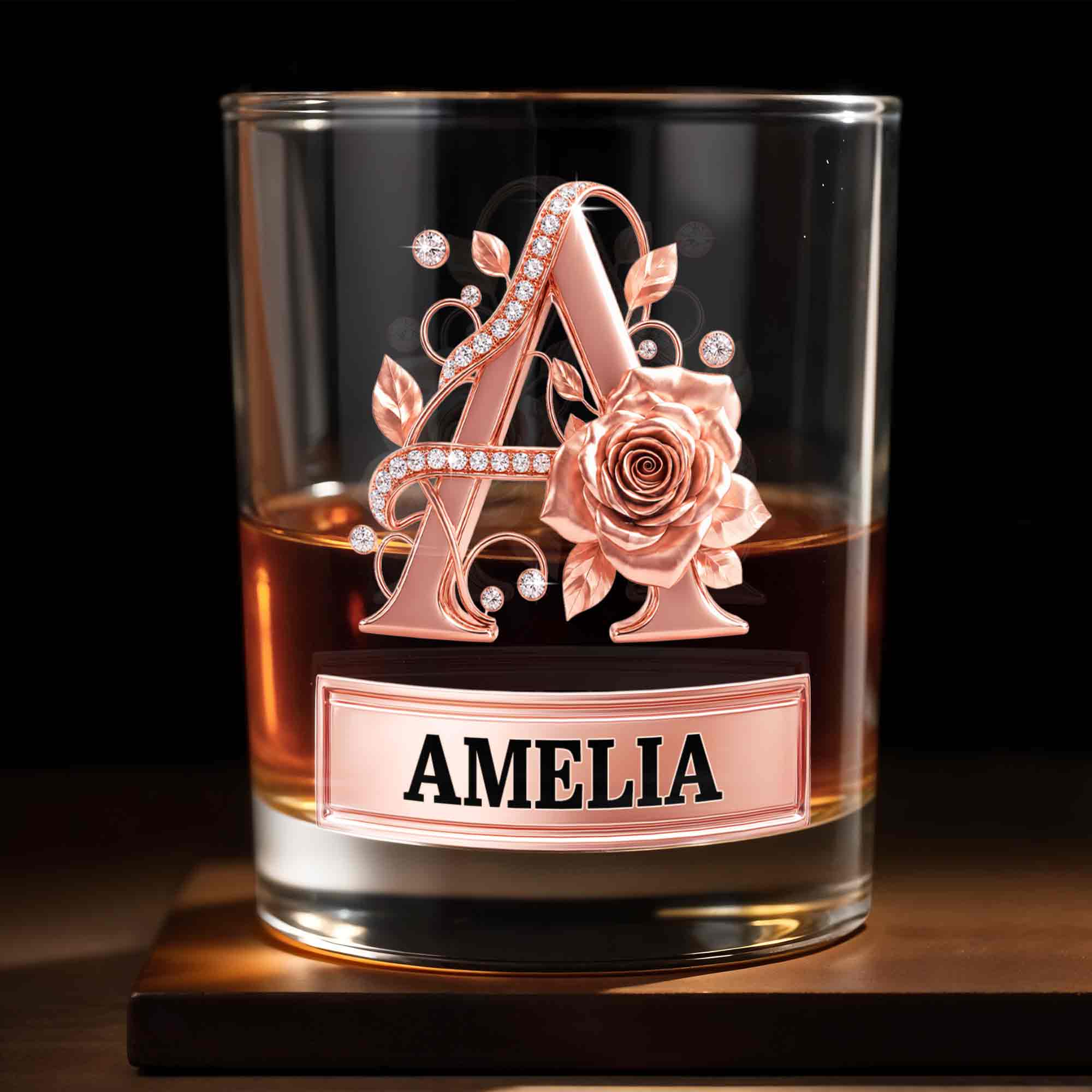Personalized Floral Rose Gold Initial Custom Whiskey Glass Gift
