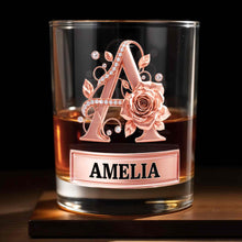 Load image into Gallery viewer, Personalized Floral Rose Gold Initial Custom Whiskey Glass Gift
