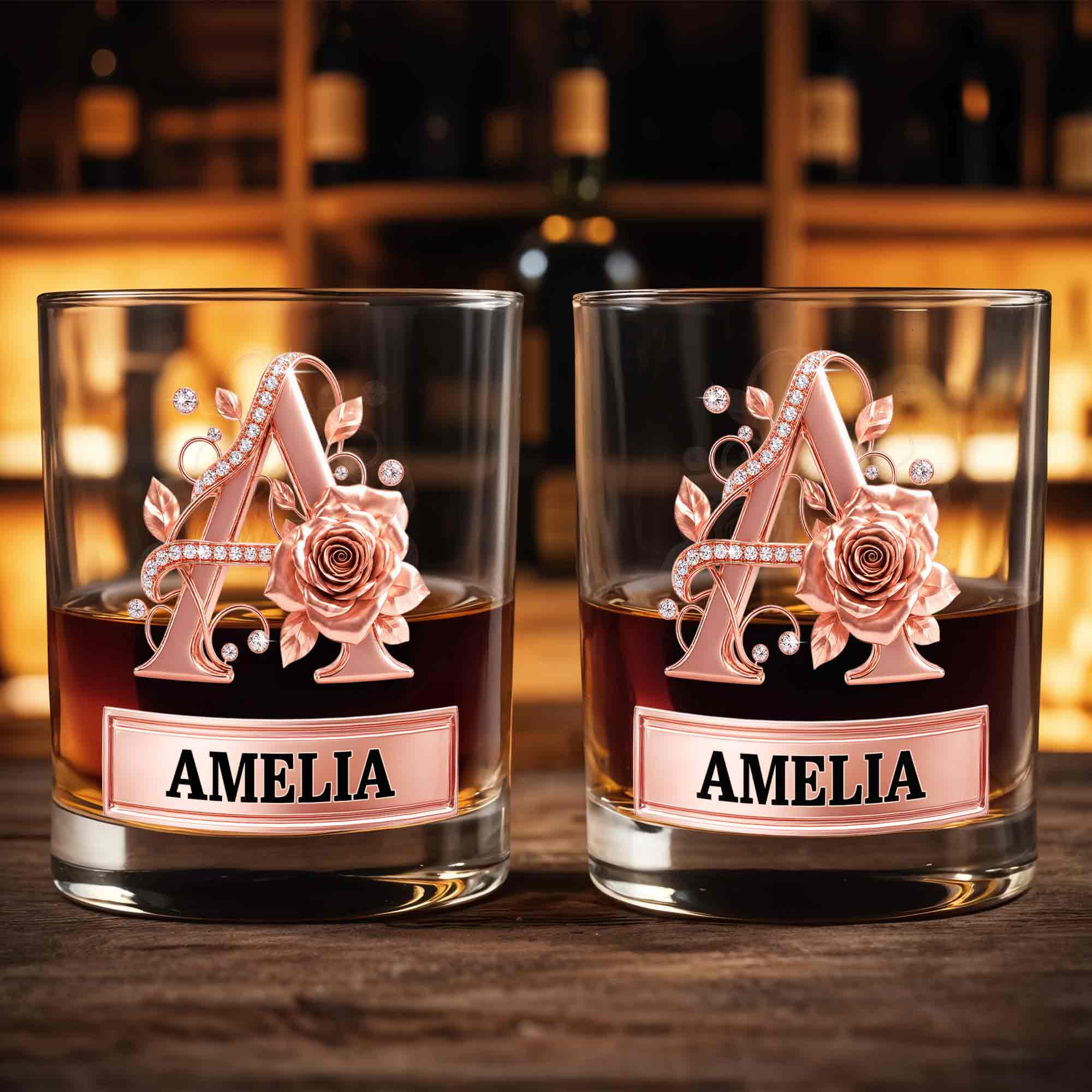 Personalized Floral Rose Gold Initial Custom Whiskey Glass Gift
