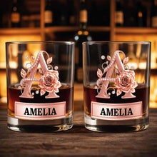 Load image into Gallery viewer, Personalized Floral Rose Gold Initial Custom Whiskey Glass Gift
