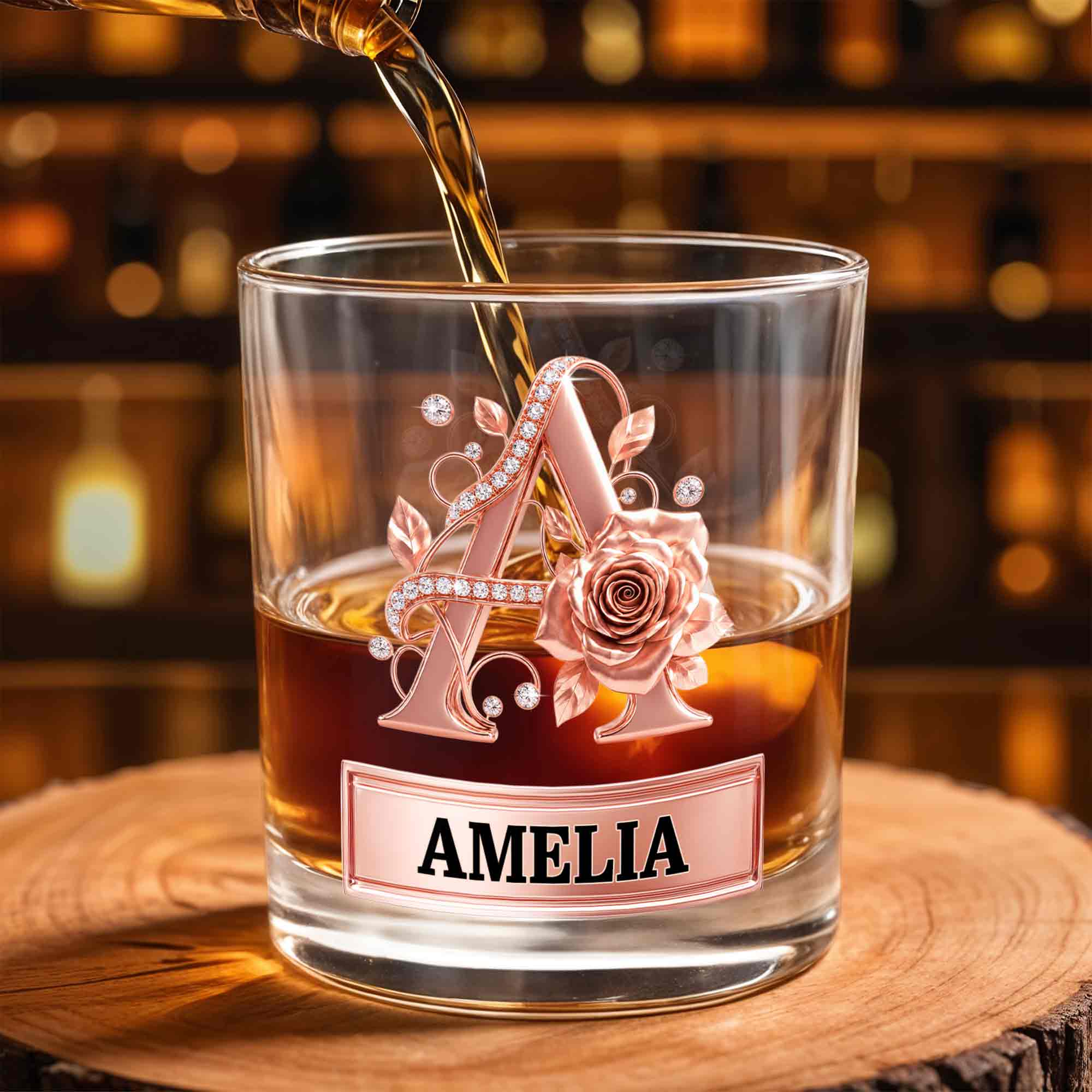 Personalized Floral Rose Gold Initial Custom Whiskey Glass Gift