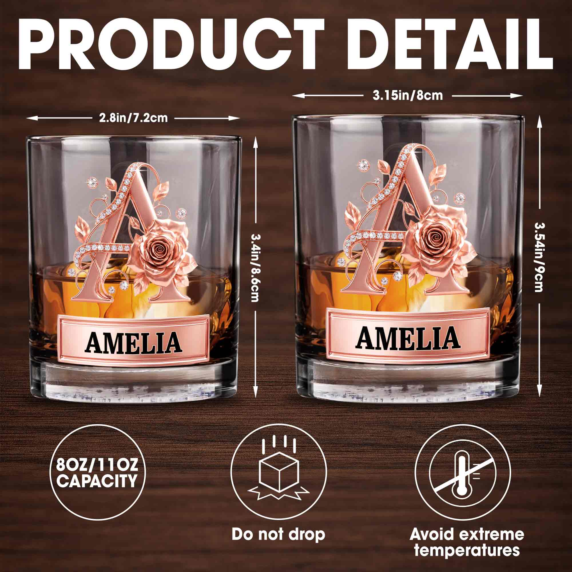 Personalized Floral Rose Gold Initial Custom Whiskey Glass Gift