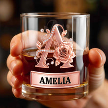 Load image into Gallery viewer, Personalized Floral Rose Gold Initial Custom Whiskey Glass Gift
