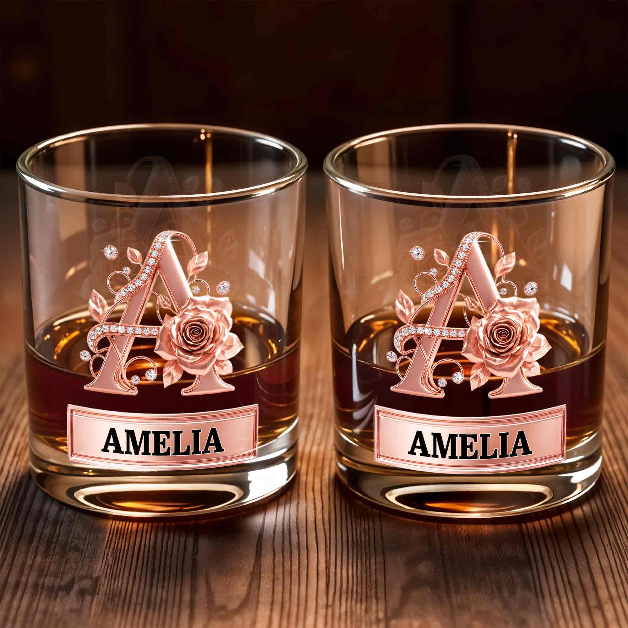 Personalized Floral Rose Gold Initial Custom Whiskey Glass Gift