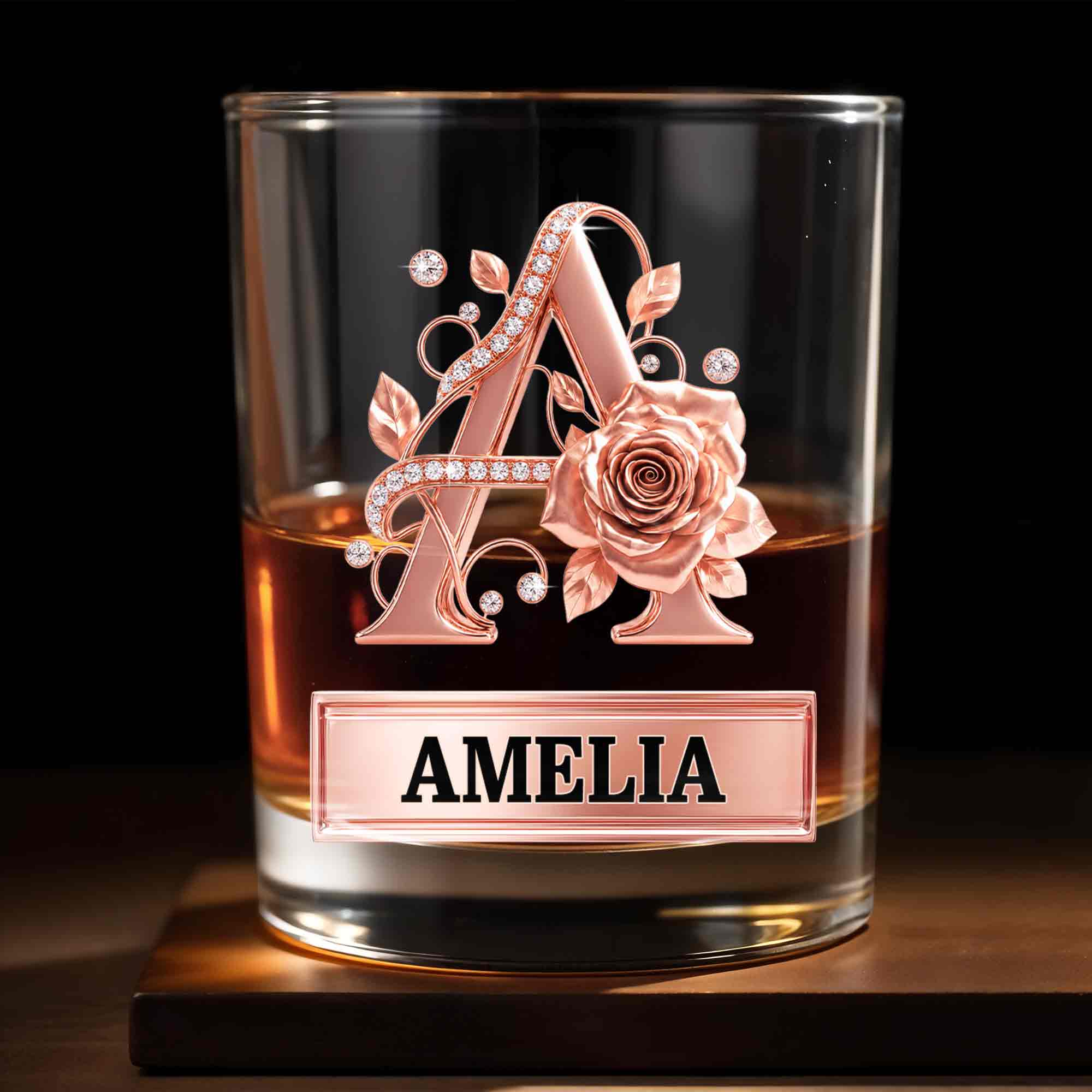 Personalized Floral Rose Gold Initial Custom Whiskey Glass Gift
