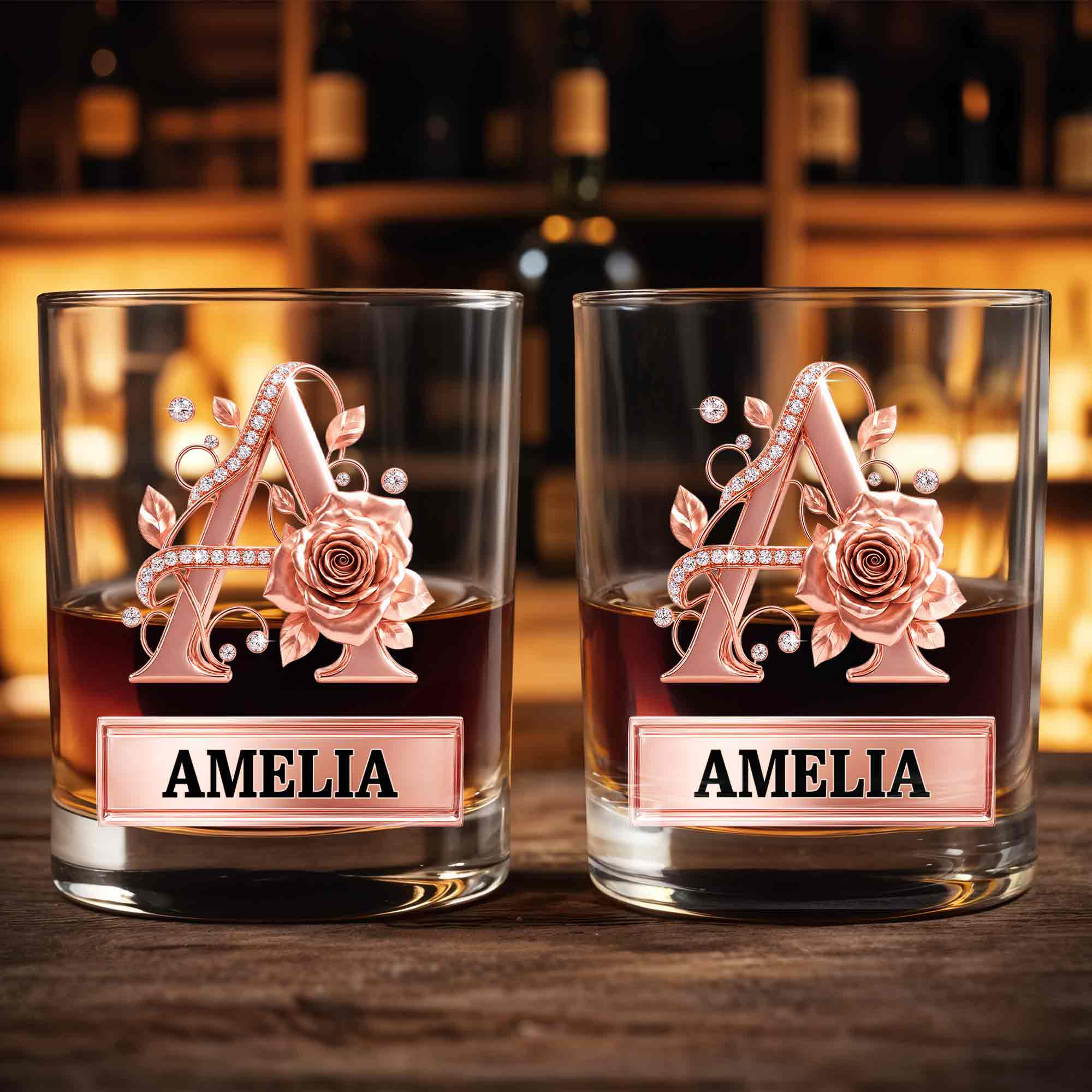 Personalized Floral Rose Gold Initial Custom Whiskey Glass Gift