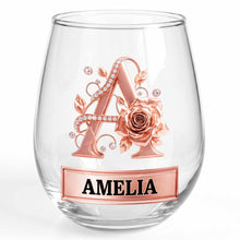 Load image into Gallery viewer, Personalized Stemless Wine Glass with Floral Monogram Gift for Her
