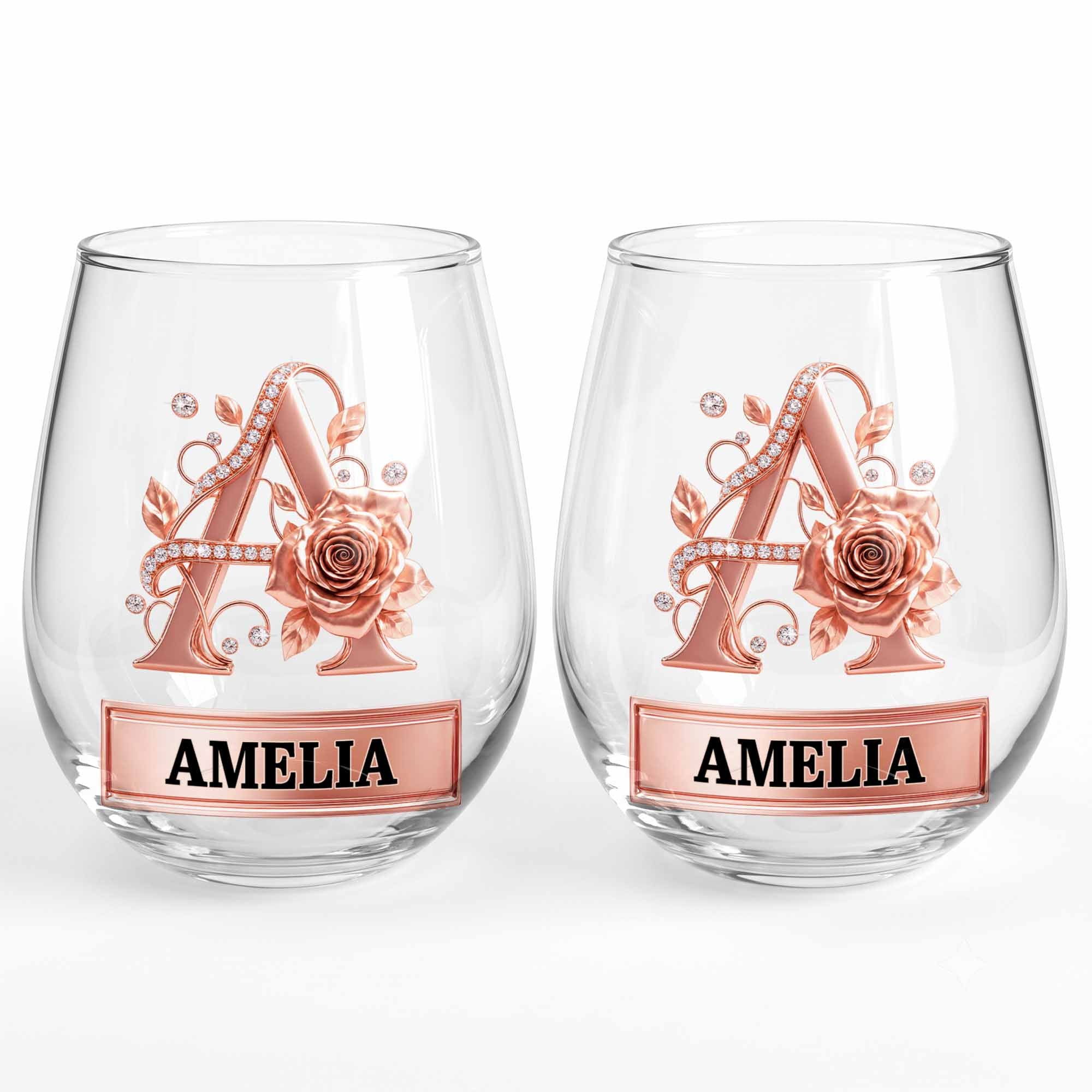 Personalized Stemless Wine Glass with Floral Monogram Gift for Her