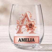 Load image into Gallery viewer, Personalized Stemless Wine Glass with Floral Monogram Gift for Her
