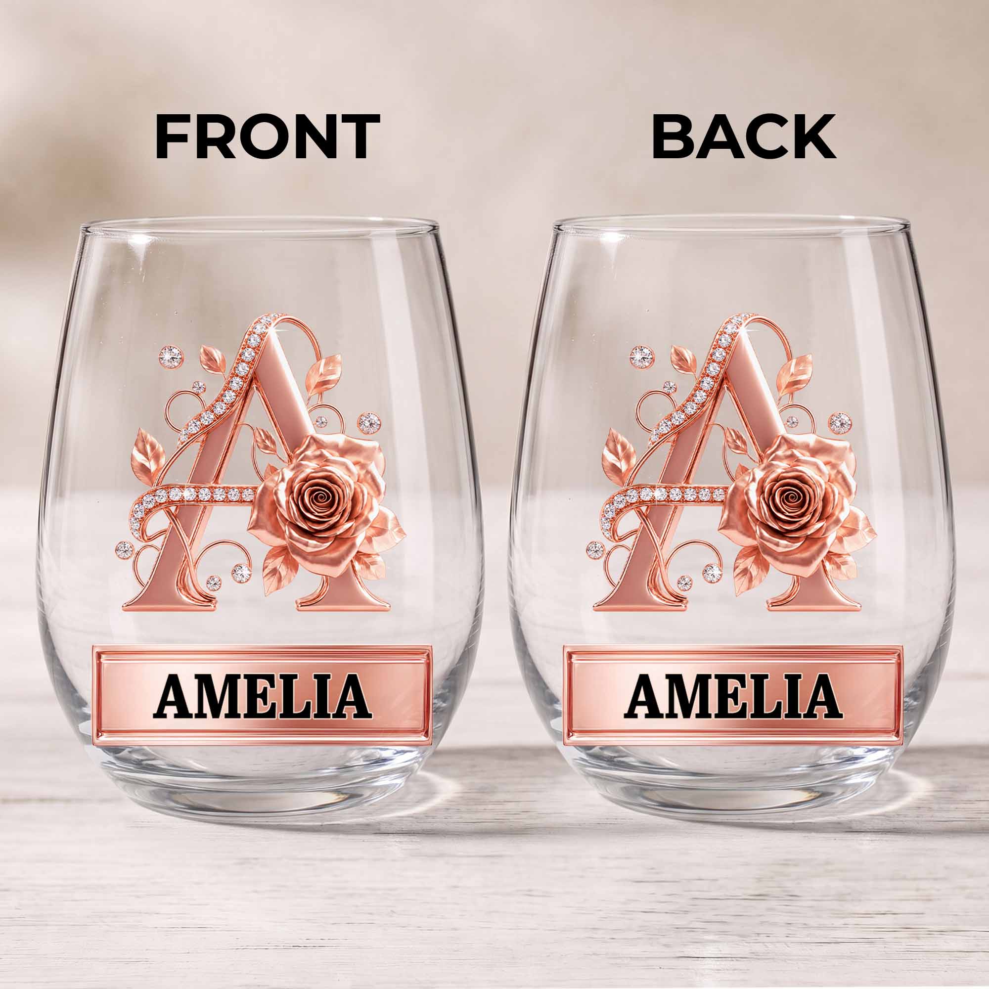 Personalized Stemless Wine Glass with Floral Monogram Gift for Her