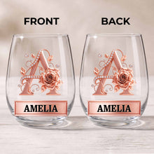 Load image into Gallery viewer, Personalized Stemless Wine Glass with Floral Monogram Gift for Her
