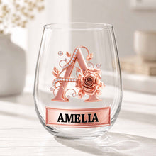 Load image into Gallery viewer, Personalized Stemless Wine Glass with Floral Monogram Gift for Her
