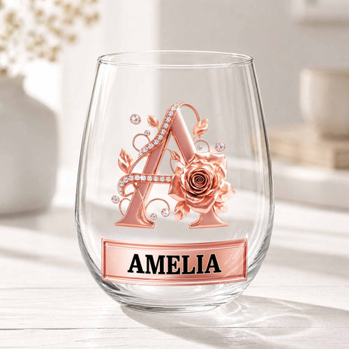 Personalized Stemless Wine Glass with Floral Monogram Gift for Her