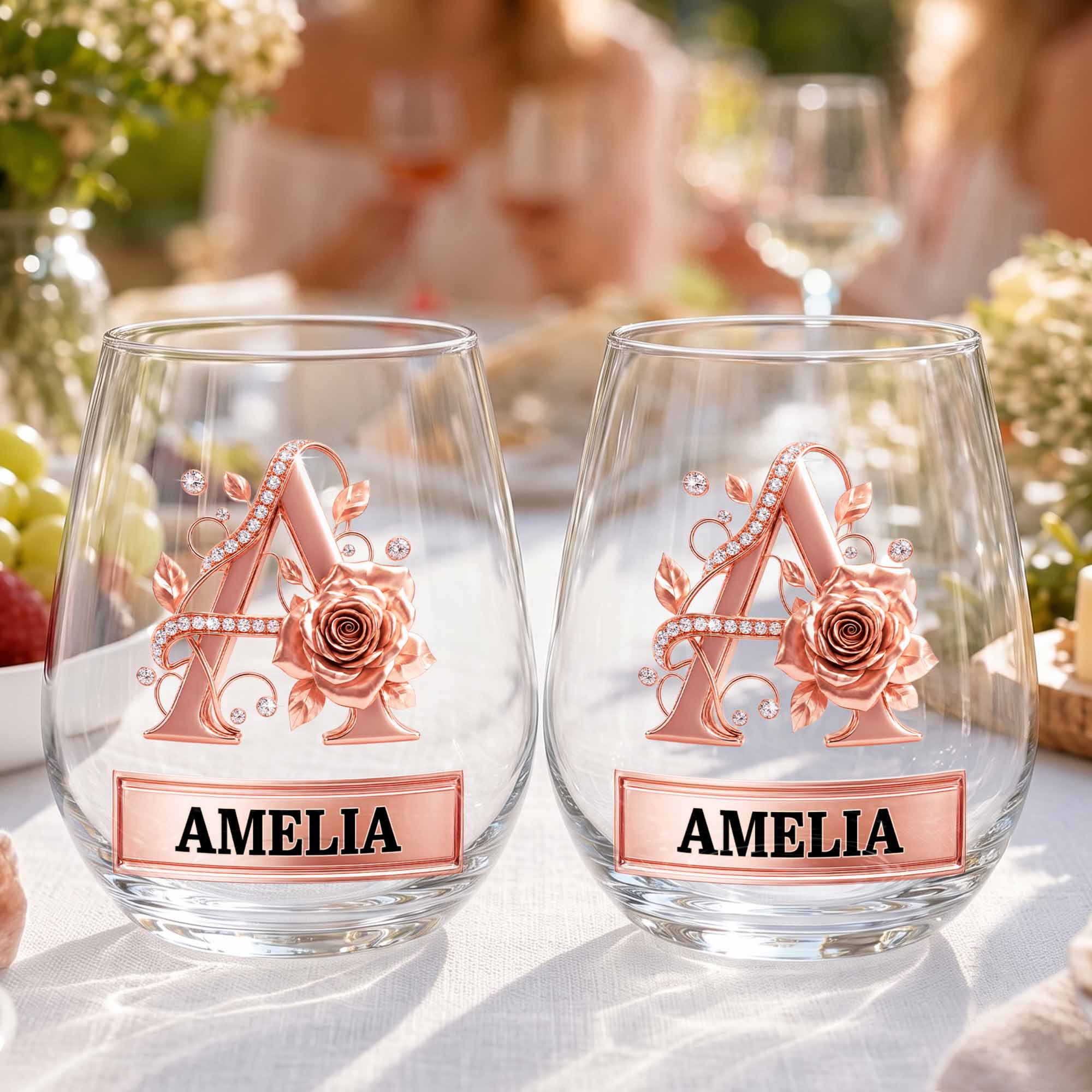 Personalized Stemless Wine Glass with Floral Monogram Gift for Her