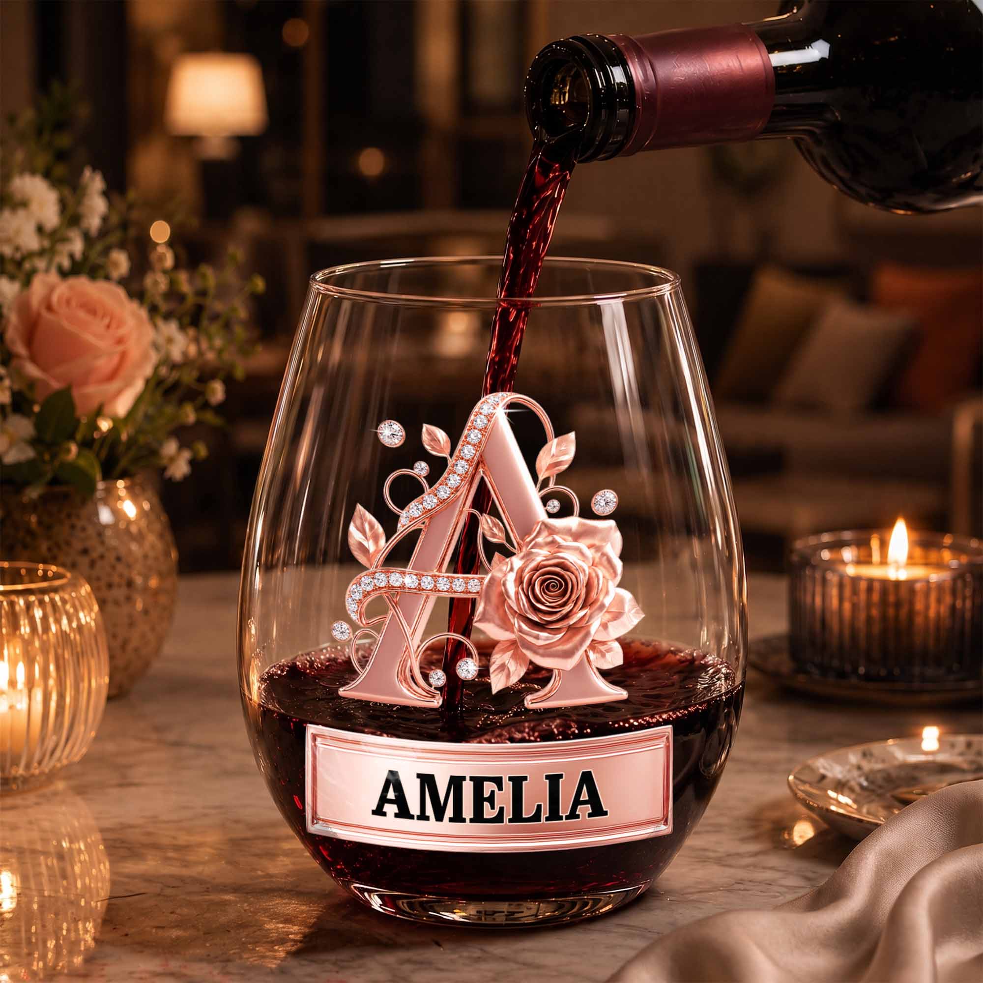 Personalized Stemless Wine Glass with Floral Monogram Gift for Her