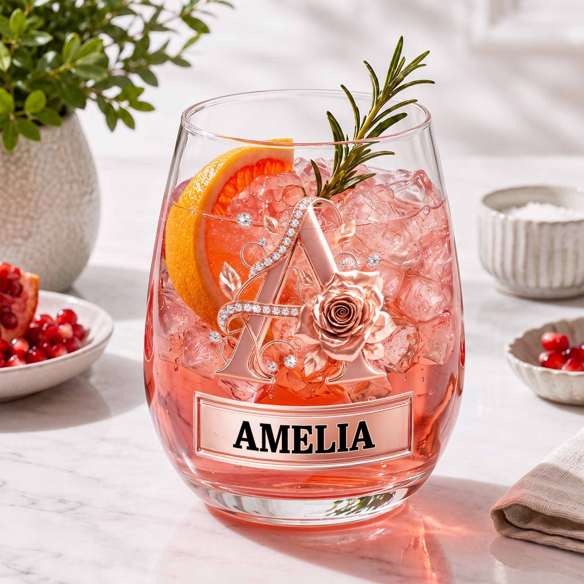 Personalized Stemless Wine Glass with Floral Monogram Gift for Her