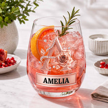 Load image into Gallery viewer, Personalized Stemless Wine Glass with Floral Monogram Gift for Her

