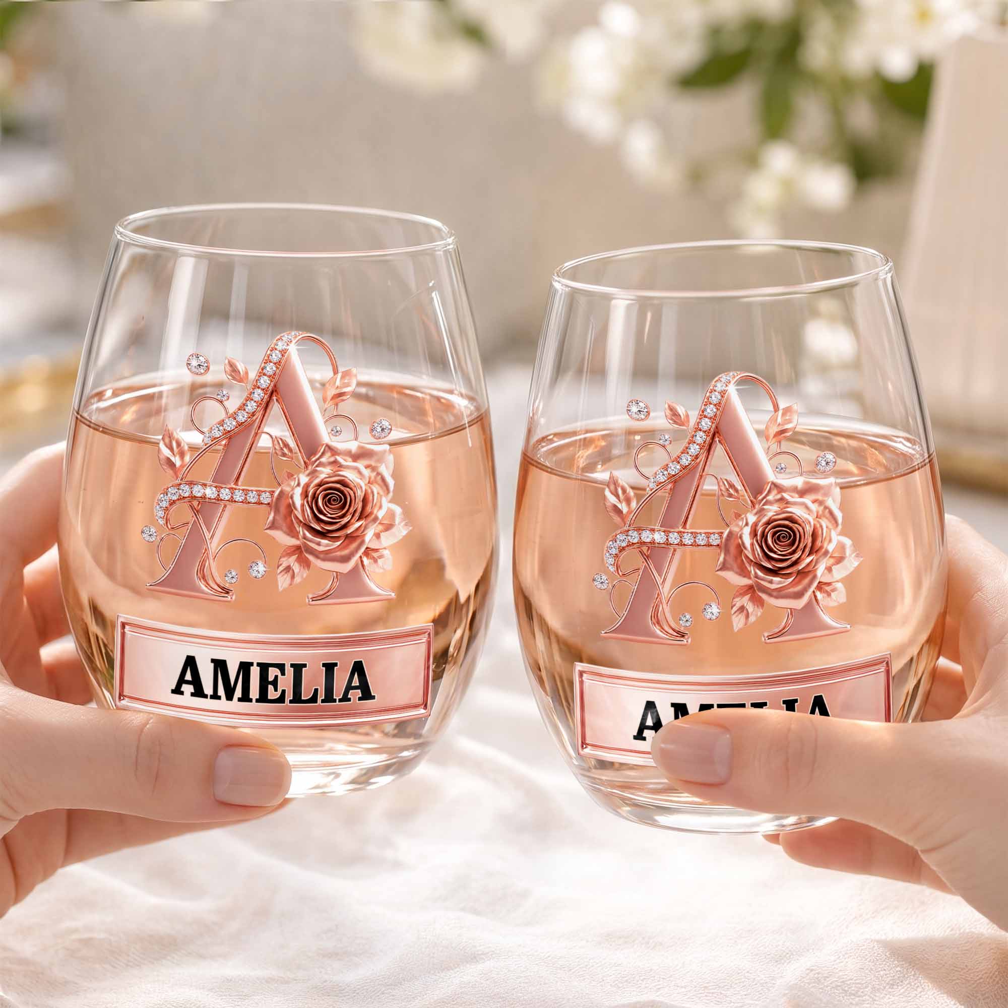Personalized Stemless Wine Glass with Floral Monogram Gift for Her