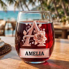 Load image into Gallery viewer, Personalized Stemless Wine Glass with Floral Monogram Gift for Her
