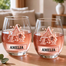 Load image into Gallery viewer, Personalized Stemless Wine Glass with Floral Monogram Gift for Her
