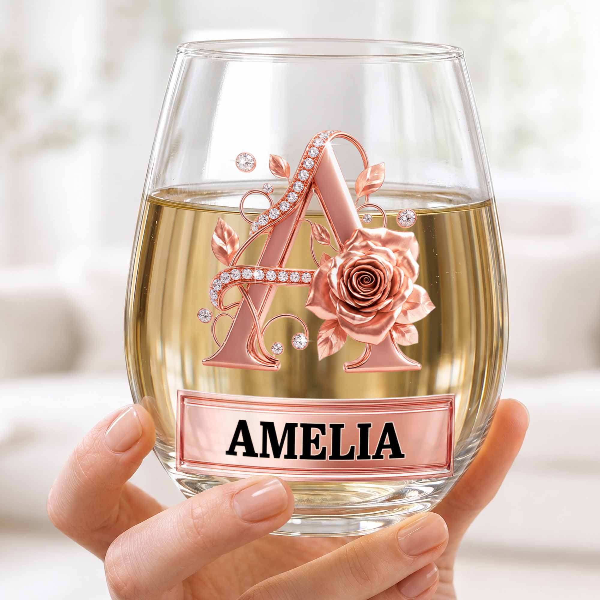 Personalized Stemless Wine Glass with Floral Monogram Gift for Her