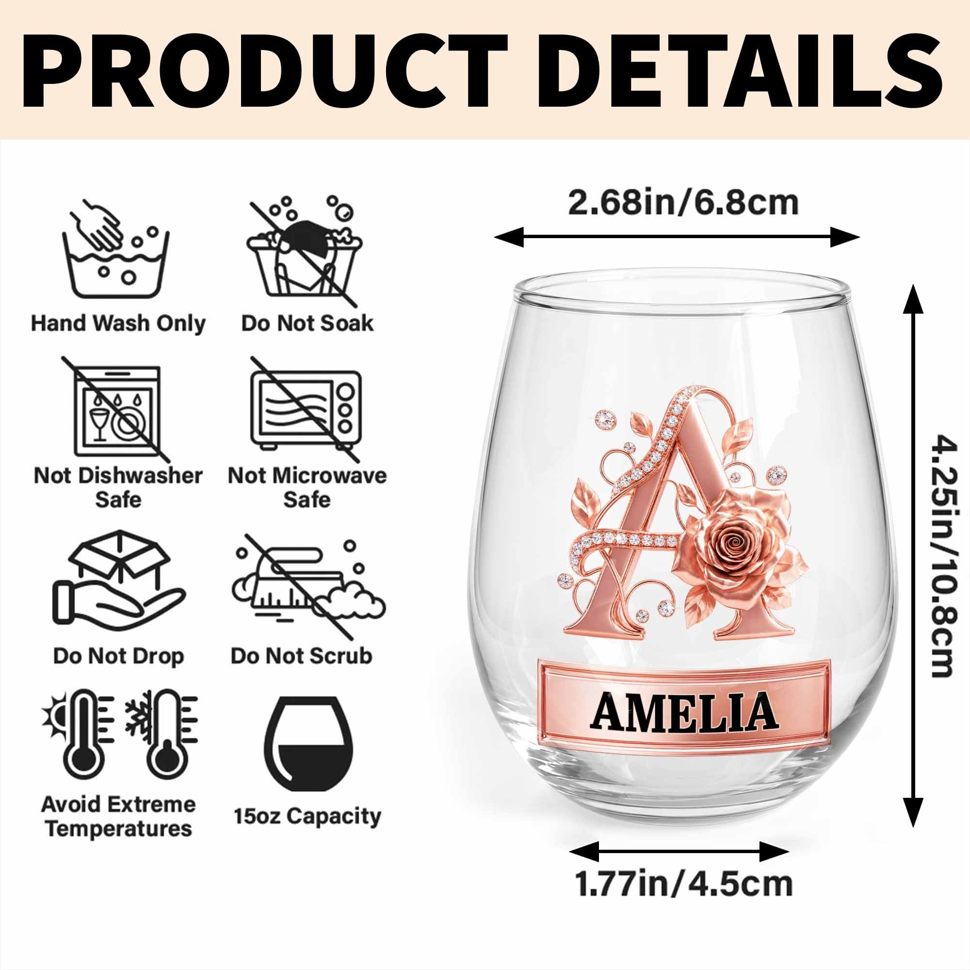 Personalized Stemless Wine Glass with Floral Monogram Gift for Her