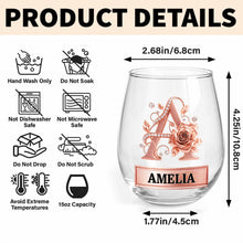 Load image into Gallery viewer, Personalized Stemless Wine Glass with Floral Monogram Gift for Her
