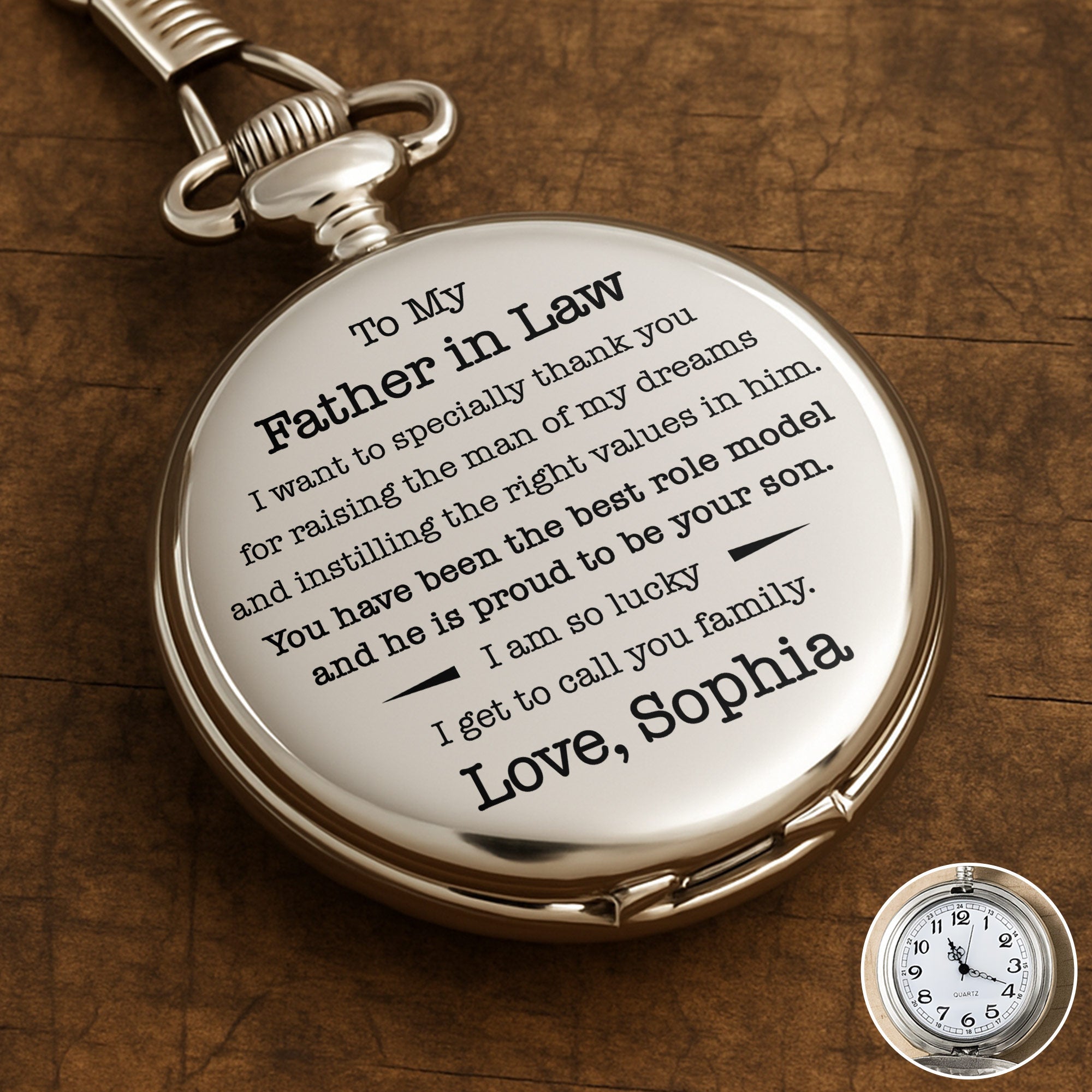 Personalized Silver-Plated Pocket Watch Custom Engraved Gift for Father-in-Law