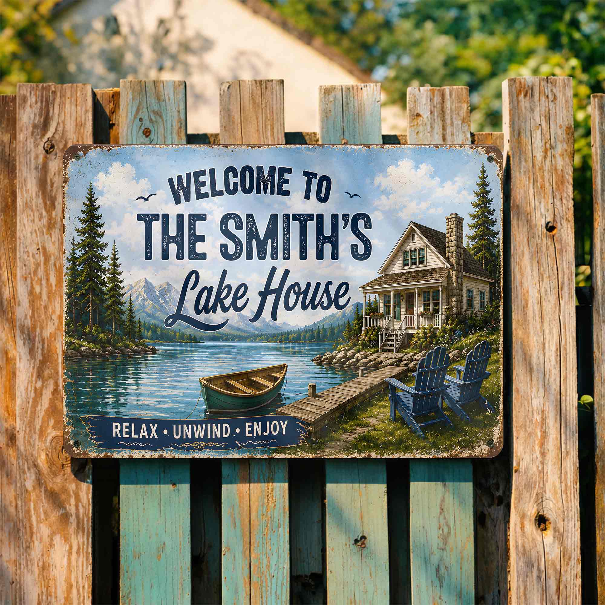 Personalized Welcome Metal Sign Custom Name Lake House Gift