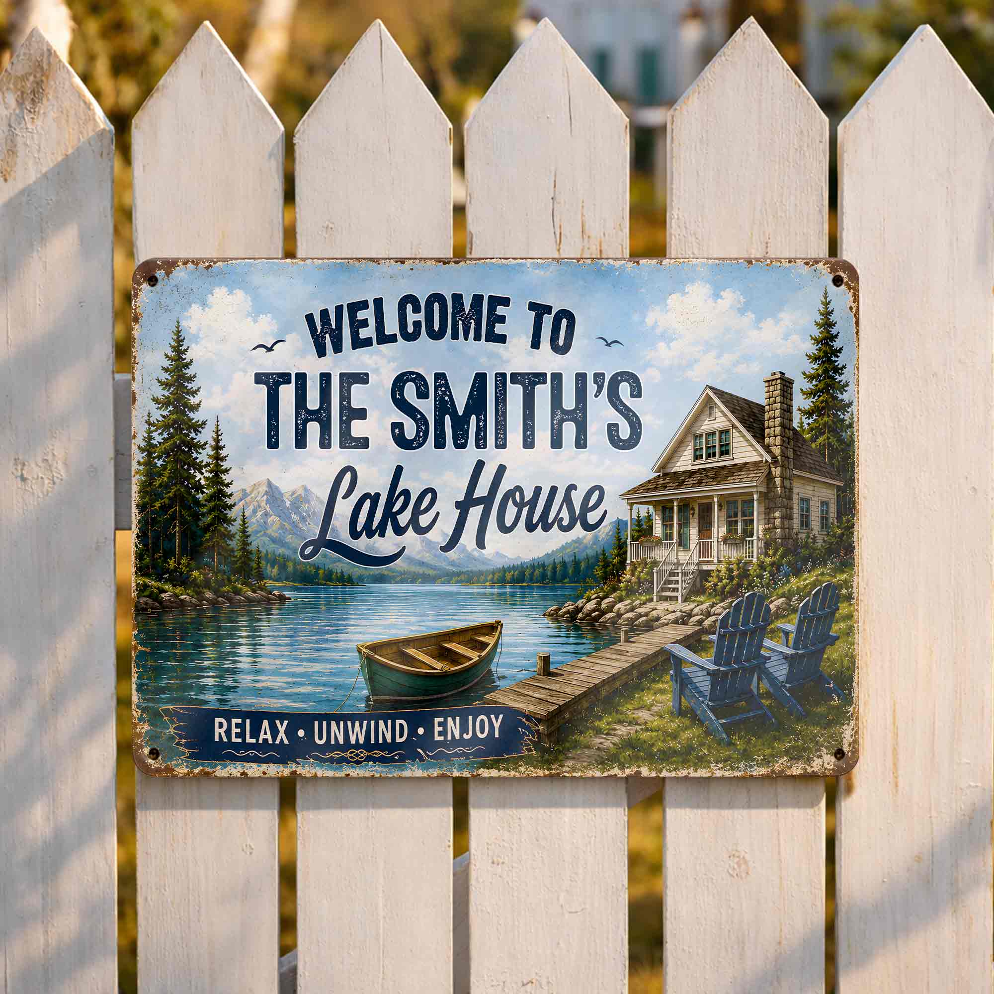 Personalized Welcome Metal Sign Custom Name Lake House Gift