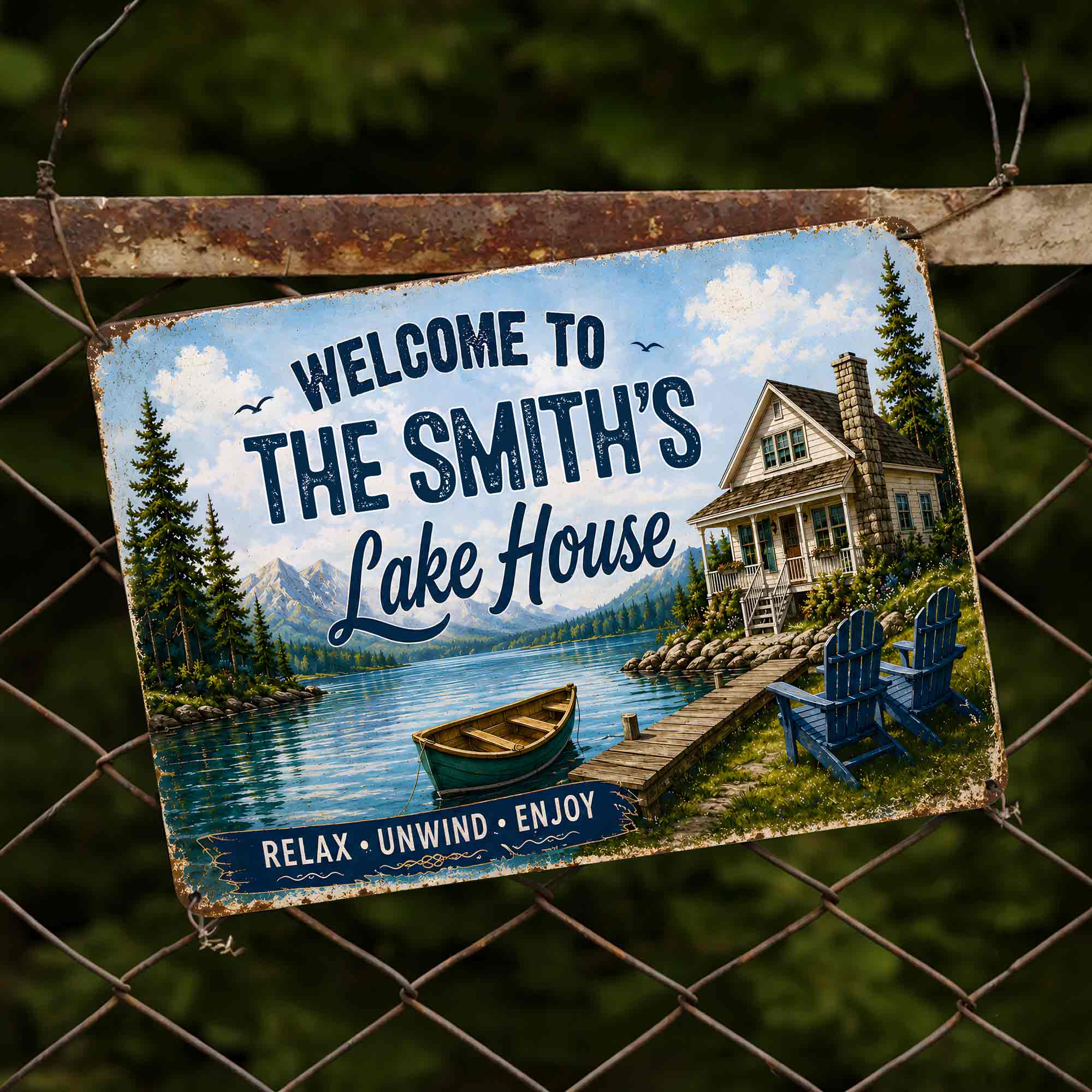 Personalized Welcome Metal Sign Custom Name Lake House Gift