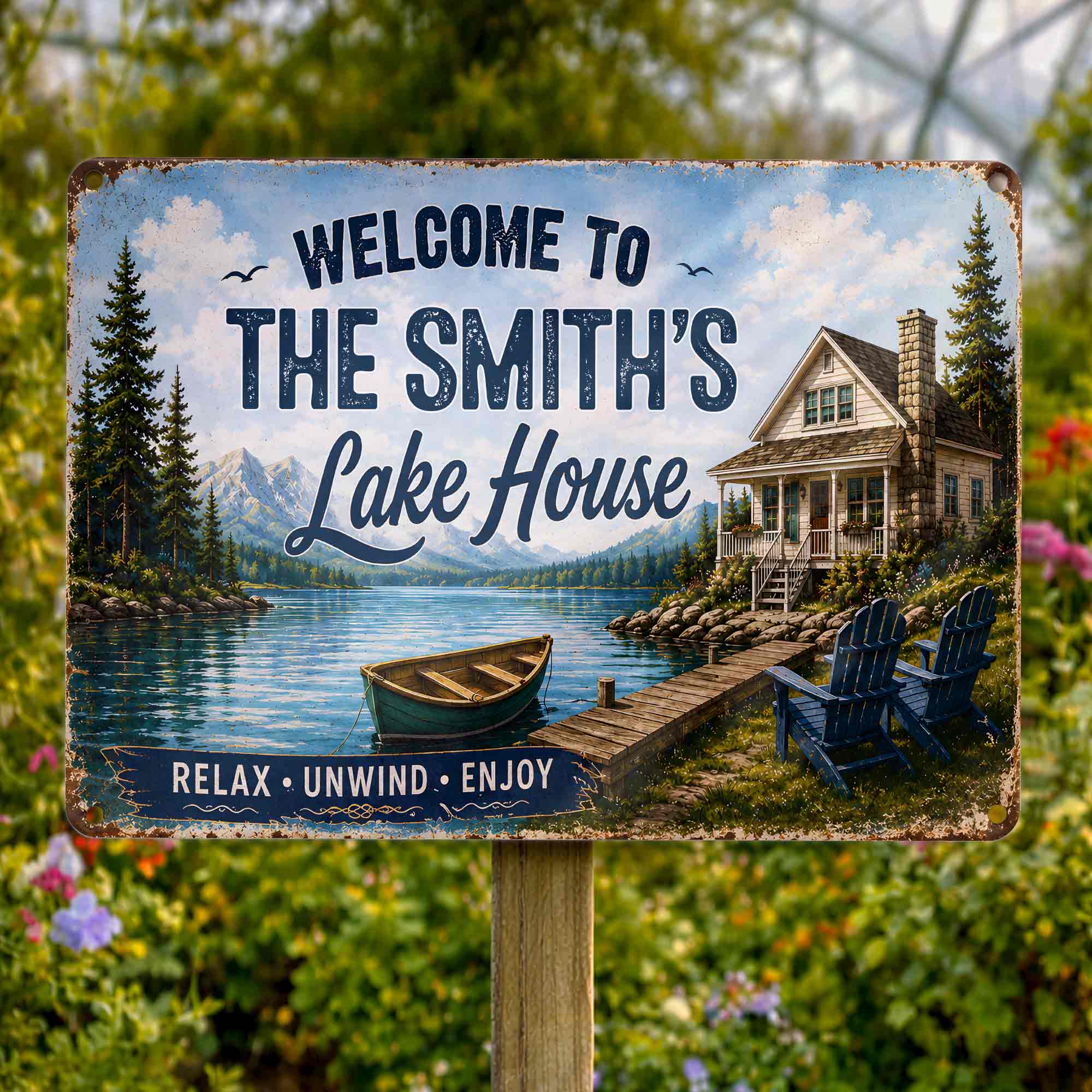 Personalized Welcome Metal Sign Custom Name Lake House Gift