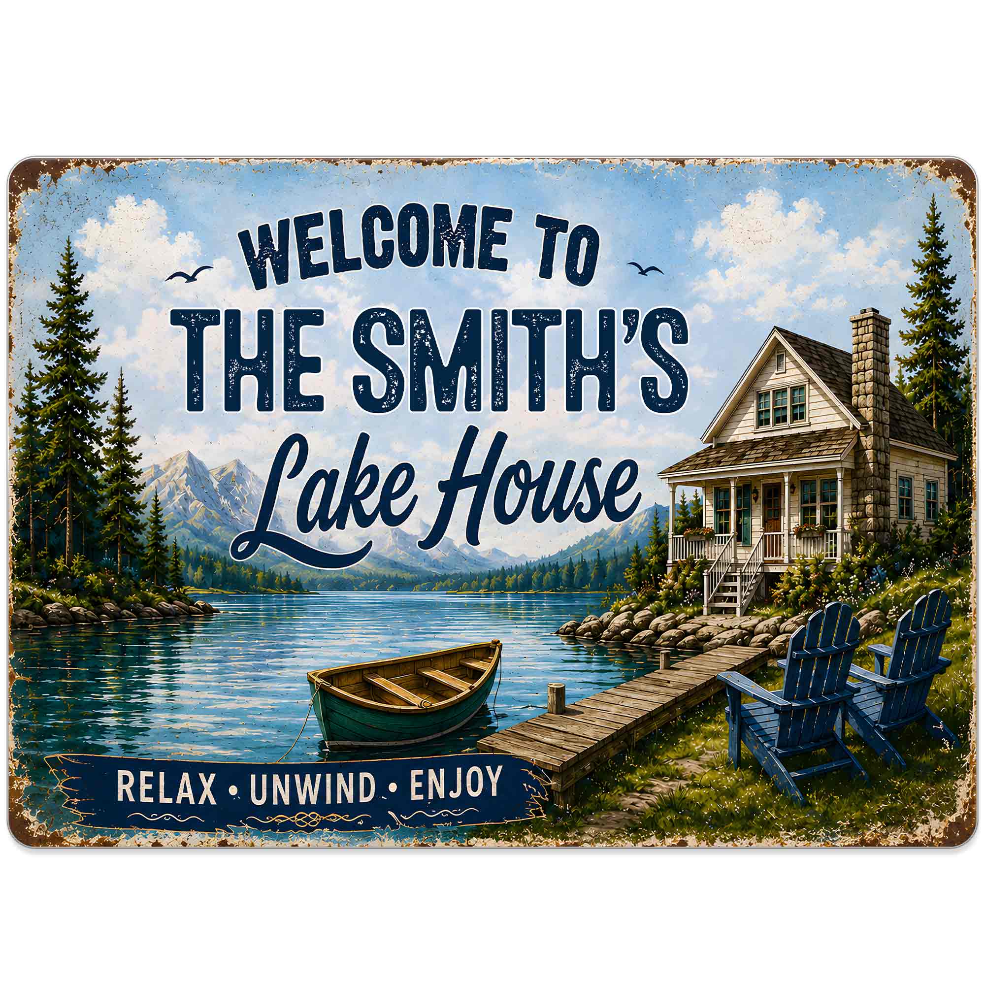 Personalized Welcome Metal Sign Custom Name Lake House Gift