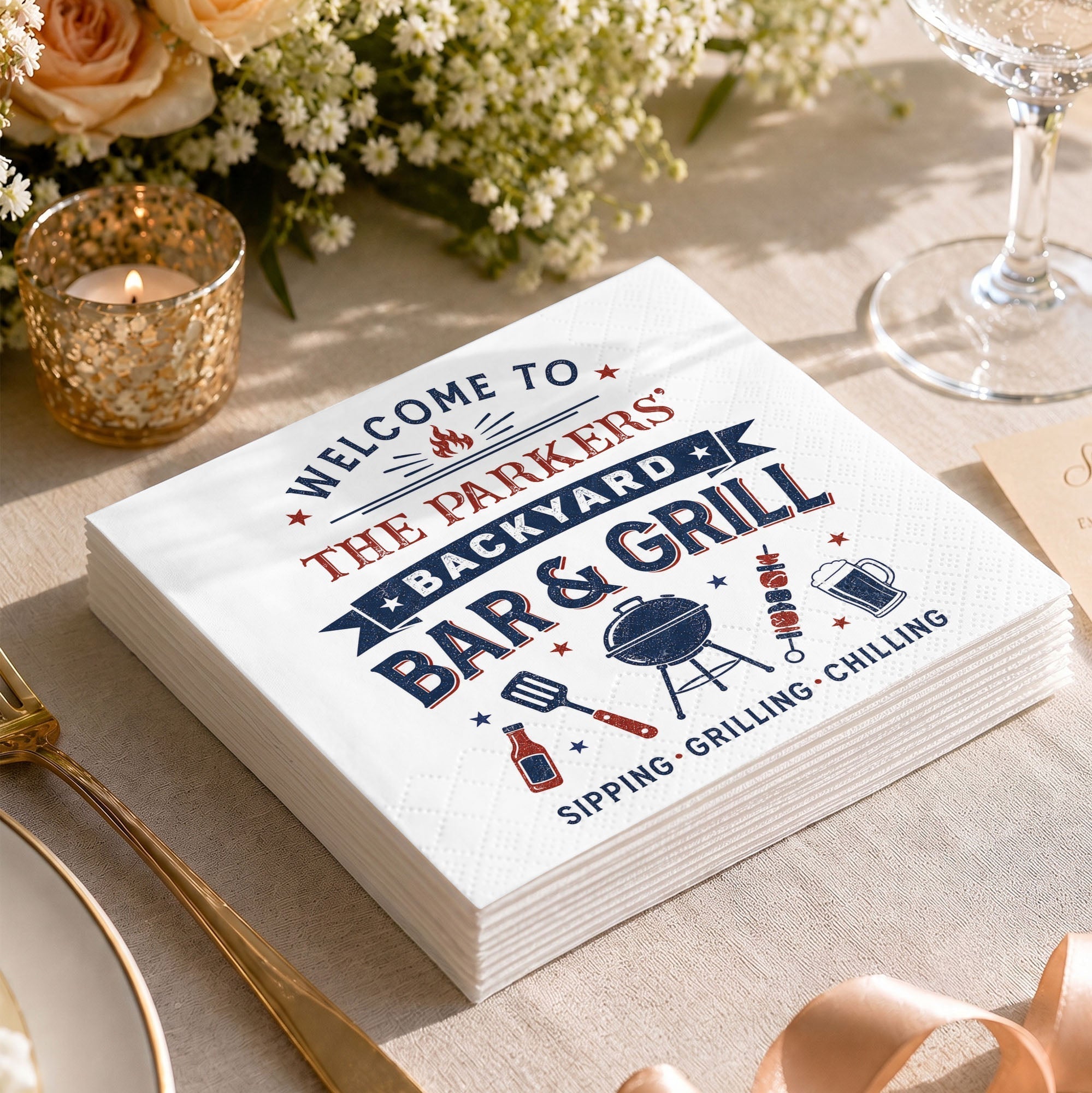 Personalized Cocktail Napkins Custom BBQ Theme Family Gift