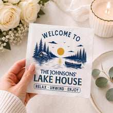 Load image into Gallery viewer, Personalized Cocktail Napkins Custom Family Name Lake House
