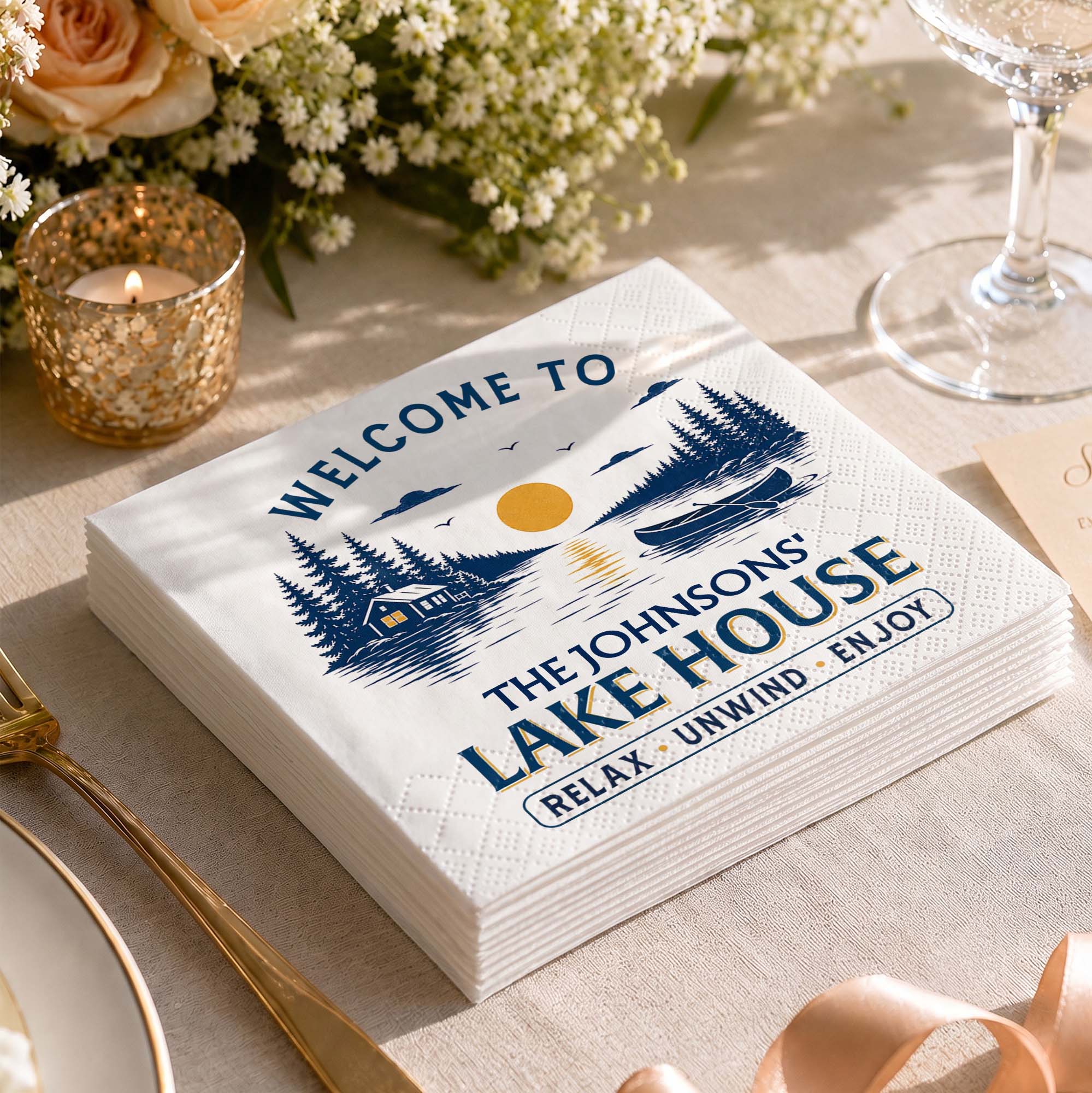 Personalized Cocktail Napkins Custom Family Name Lake House