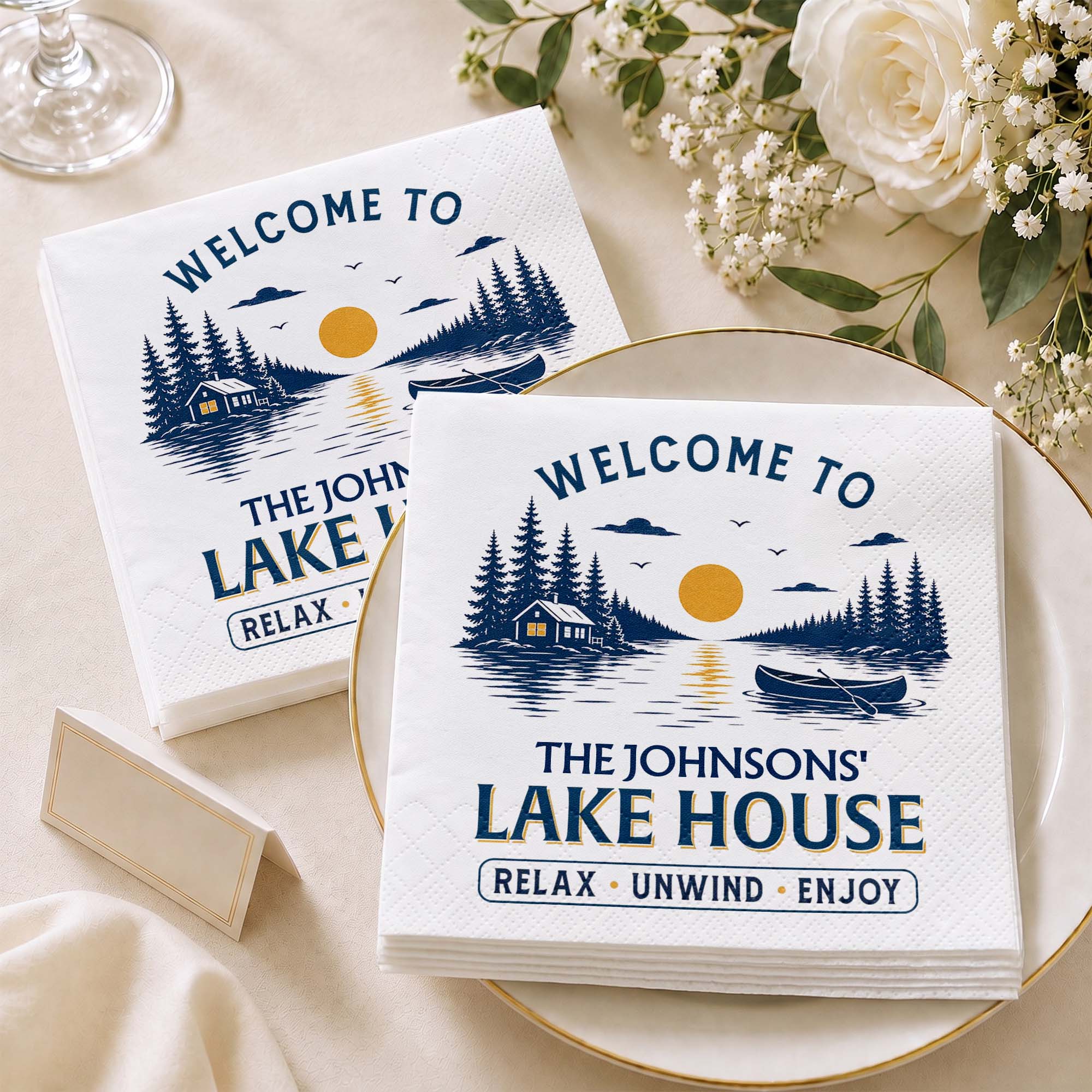 Personalized Cocktail Napkins Custom Family Name Lake House