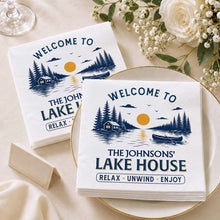 Load image into Gallery viewer, Personalized Cocktail Napkins Custom Family Name Lake House

