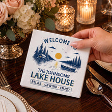 Load image into Gallery viewer, Personalized Cocktail Napkins Custom Family Name Lake House
