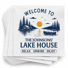 Load image into Gallery viewer, Personalized Cocktail Napkins Custom Family Name Lake House

