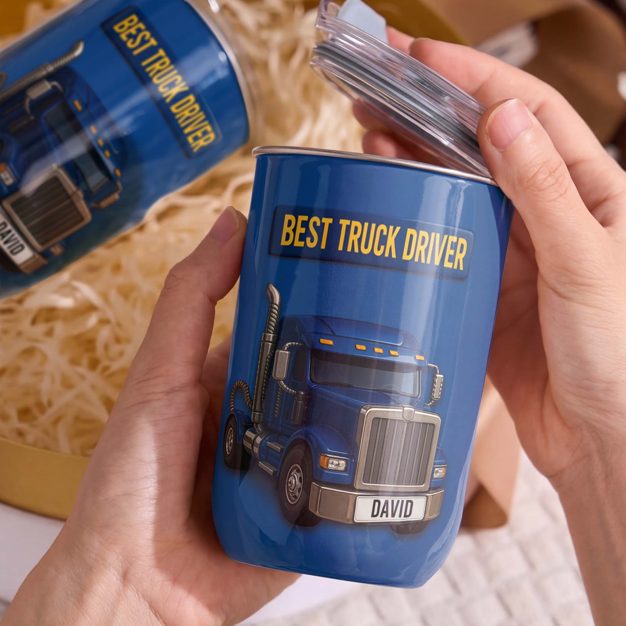 Personalized Blue Semi Truck Tumbler Custom Name Gift for Dad