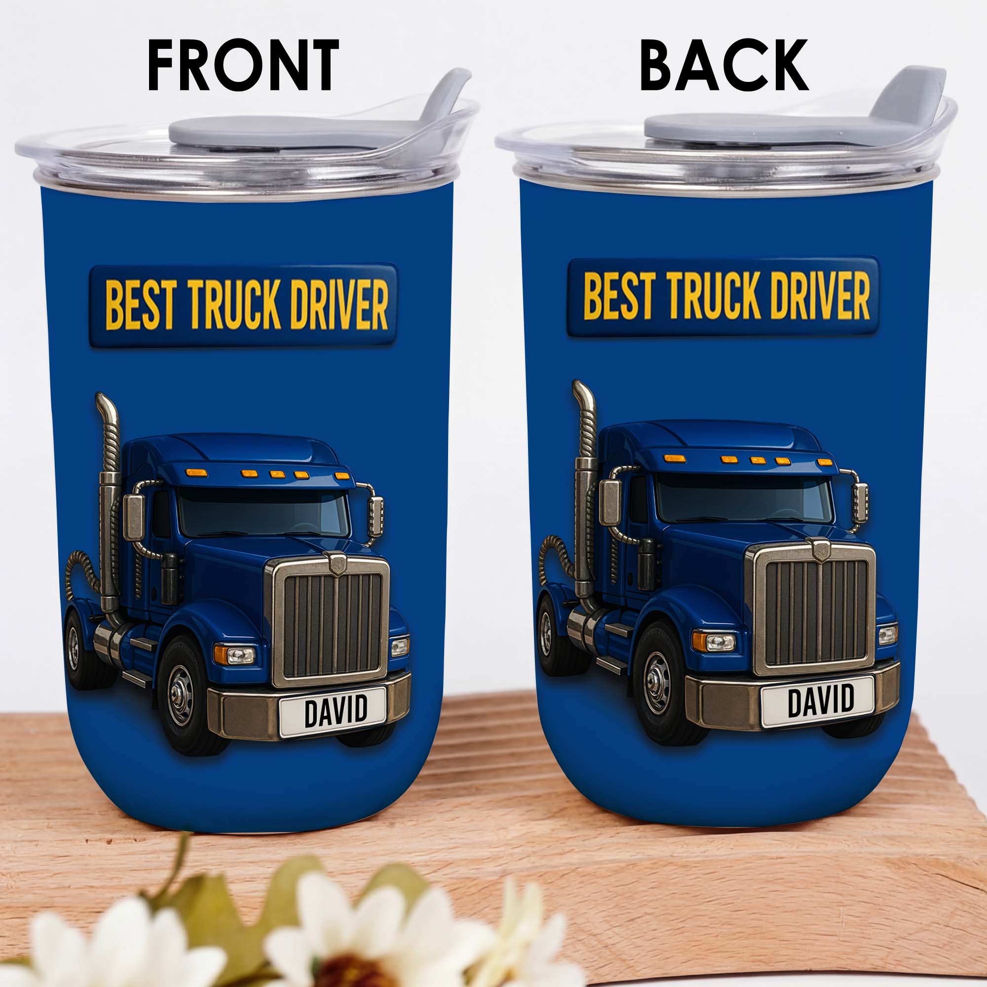 Personalized Blue Semi Truck Tumbler Custom Name Gift for Dad
