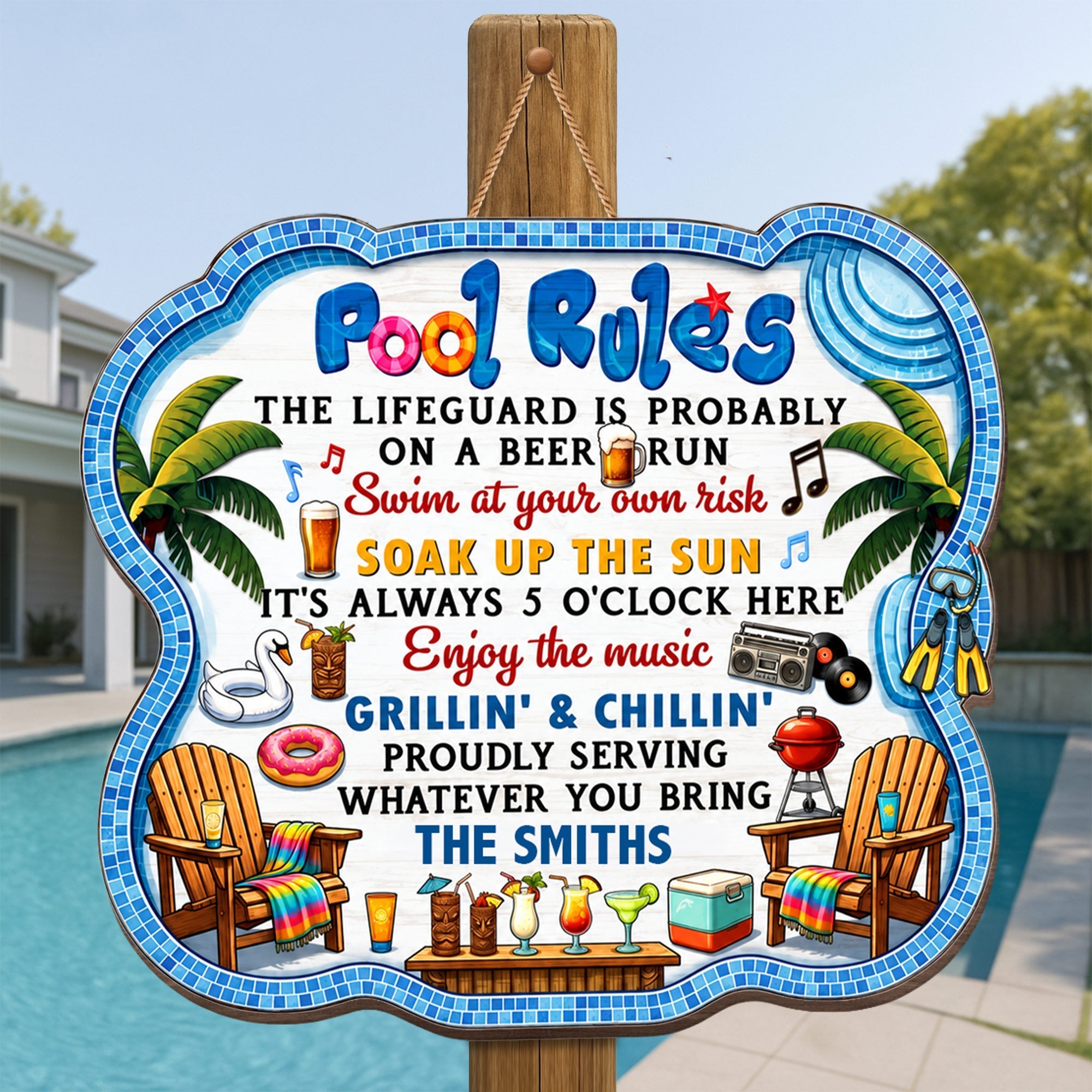 Personalized Pool Rules Wood Sign Custom Name Gift for Family