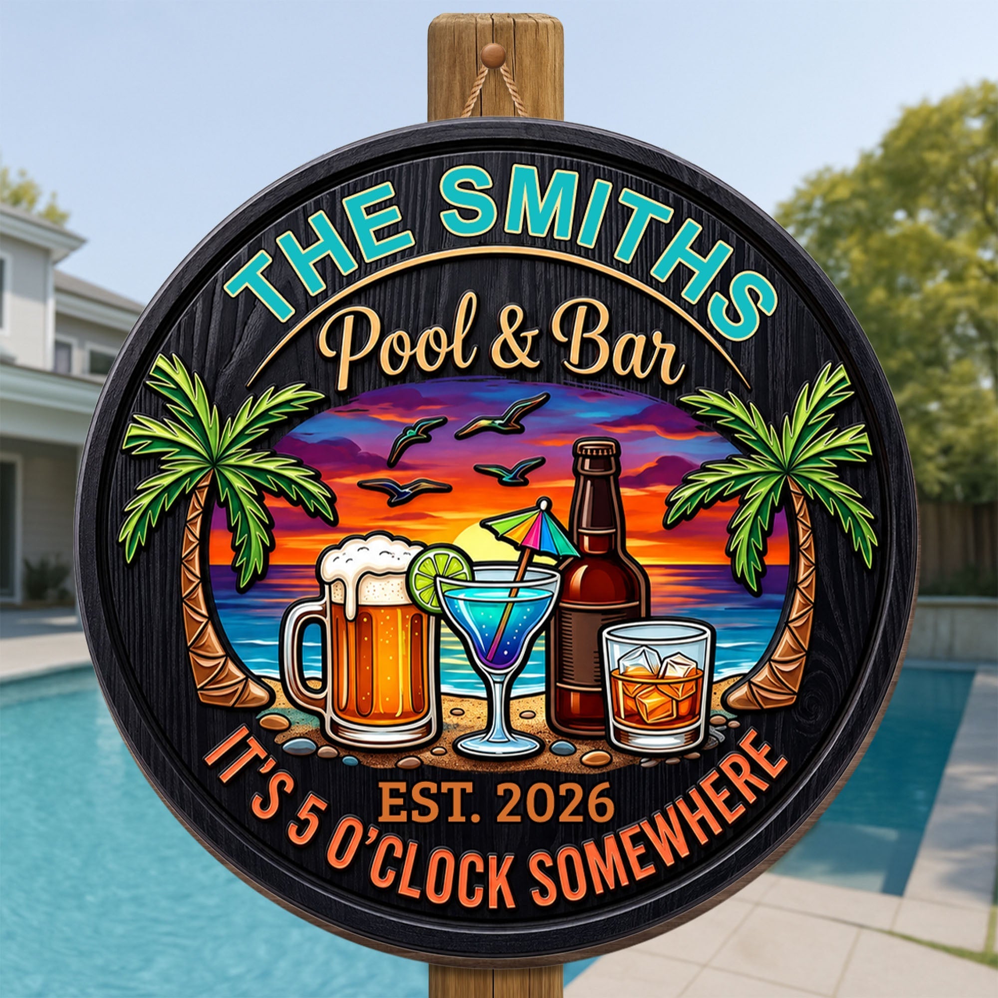Personalized Wood Sign It's 5 O'clock Somewhere Custom Family Gift