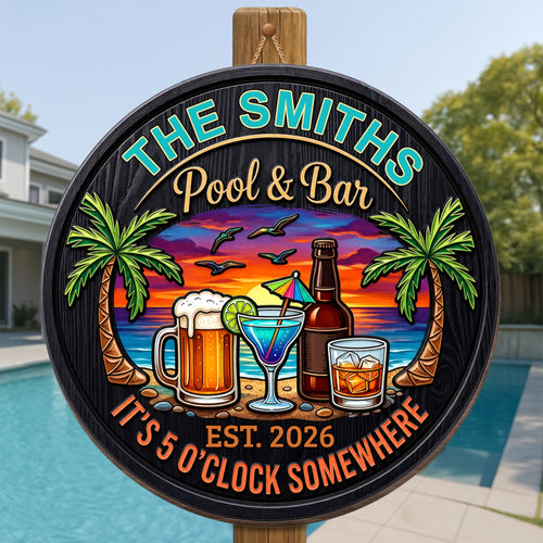 Personalized Wood Sign It's 5 O'clock Somewhere Custom Family Gift